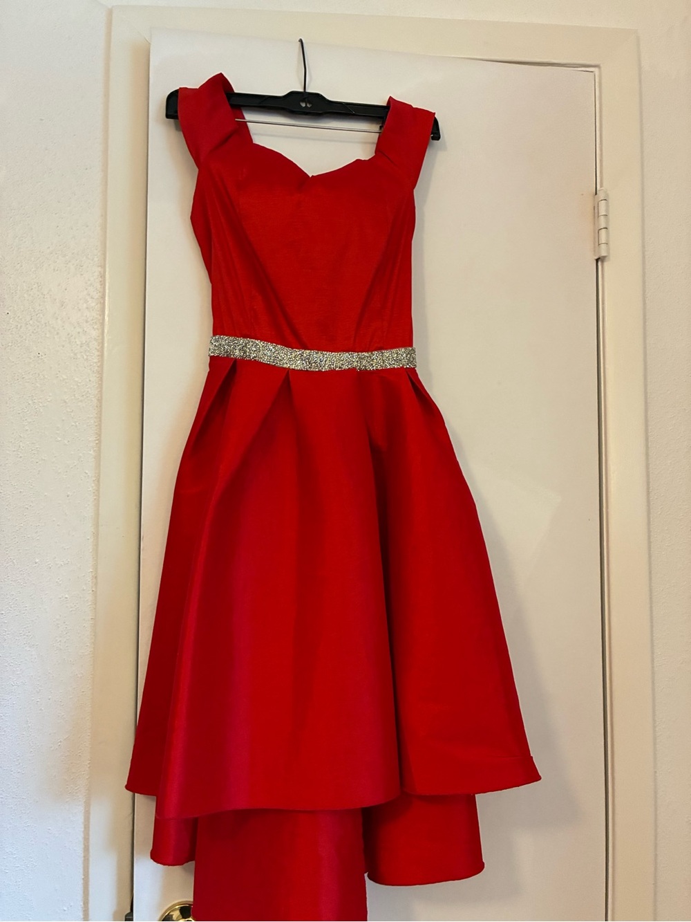 Red Sleeveless High-Low Party Dress with Sparkle Waist